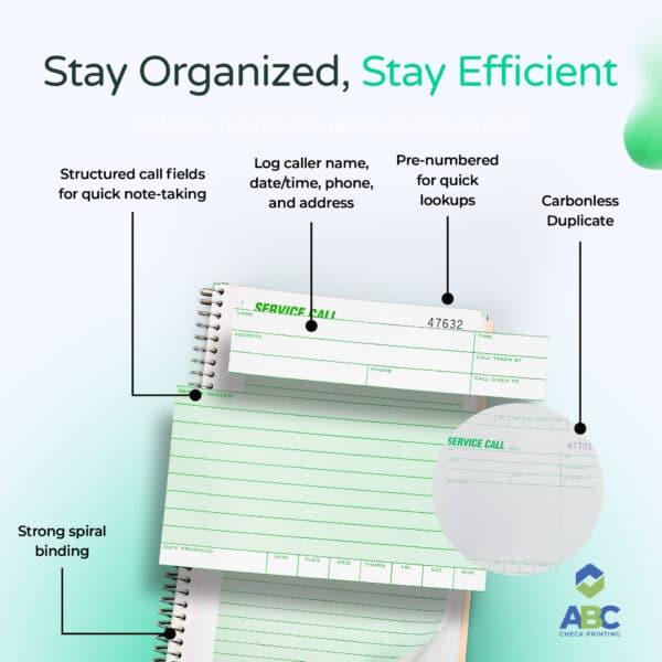 ABC Service Call Log Book, Carbonless Duplicate, 5 5/8 x 8 1/2" Numbered, Spiral Bound, 3 Books (300 Calls) - Image 2