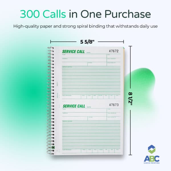 ABC Service Call Log Book, Carbonless Duplicate, 5 5/8 x 8 1/2" Numbered, Spiral Bound, 3 Books (300 Calls) - Image 5