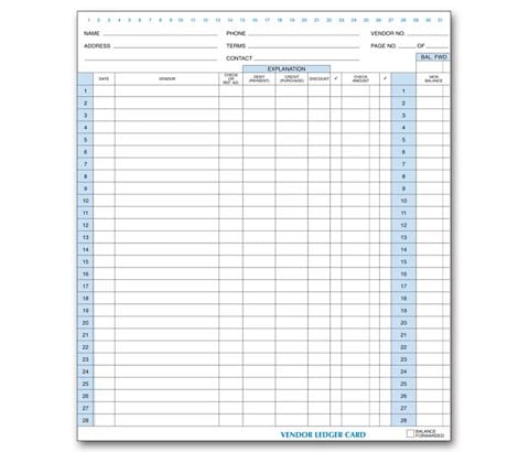 A/P Vendor Ledger Cards – Purchase & Payment Record Forms